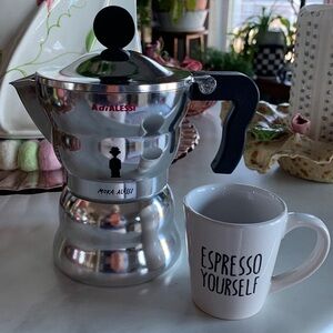 NWOT Moka Alessi Espresso 1 cup coffee maker by Alessandro Mendini & 1 drink cup